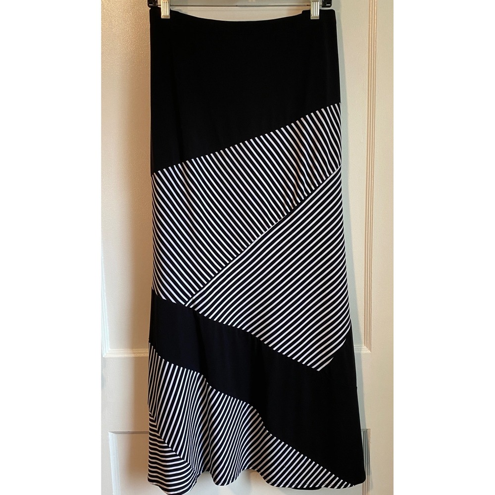 Chico's Black White Striped Geometric Maxi Skirt Size XL Stretch Jersey